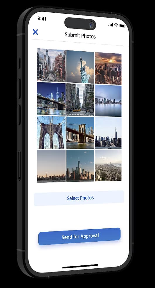 Apperone Submit Photos screen showing a grid of trip photos
